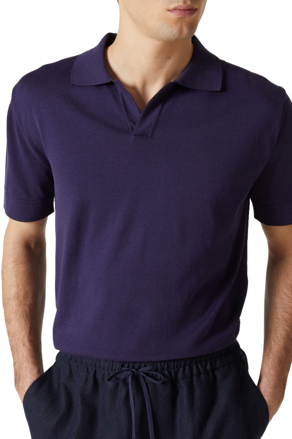BRIONI | V-Neck Knitted Cotton Polo | Navy