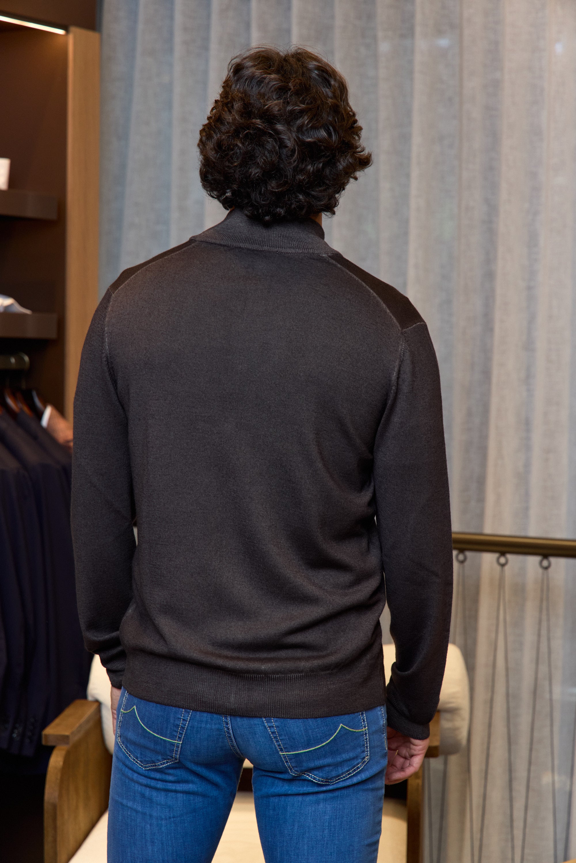 MITCHELL OGILVIE | Virgin Wool Zip Front Knit | Dark Brown