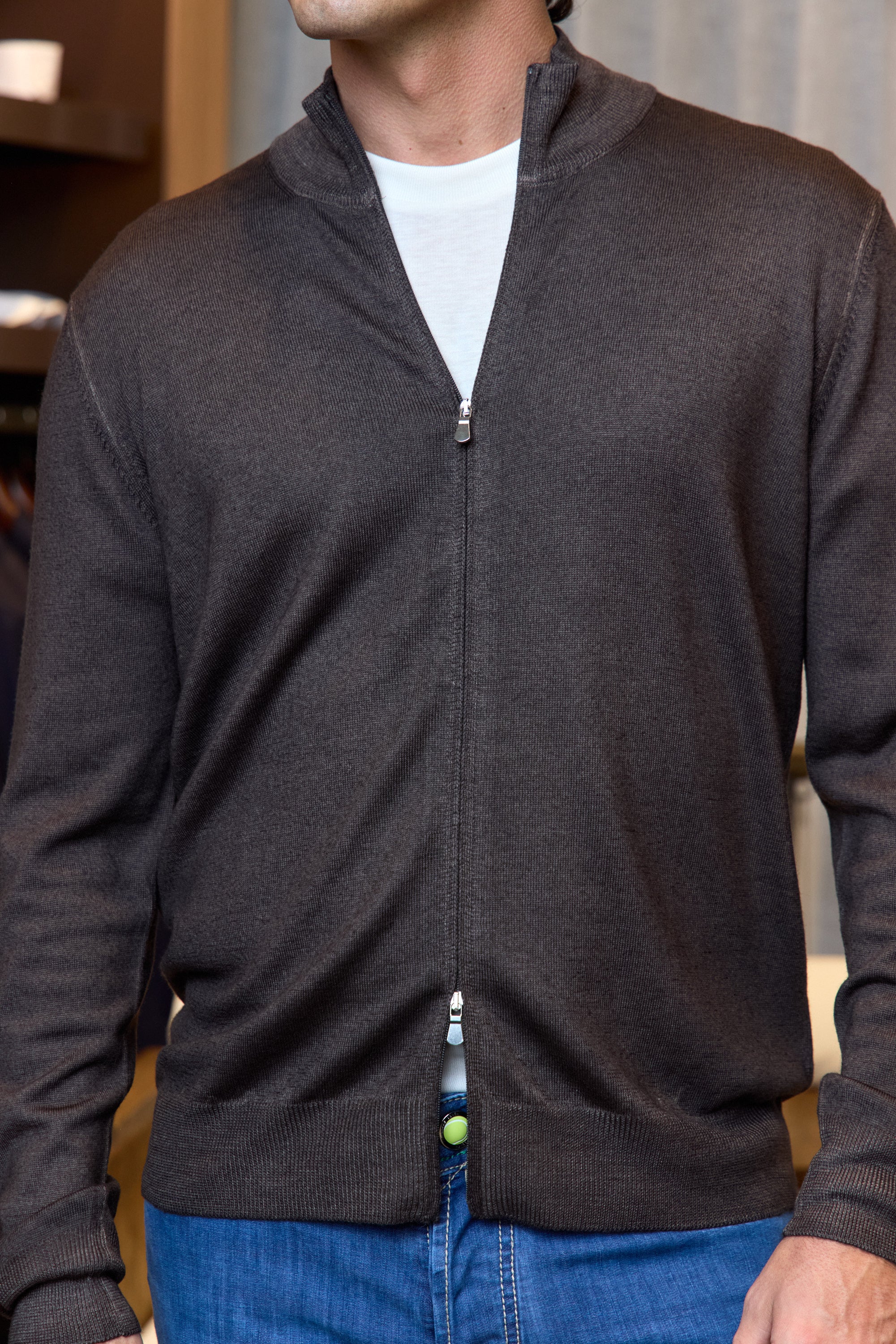 MITCHELL OGILVIE | Virgin Wool Zip Front Knit | Dark Brown