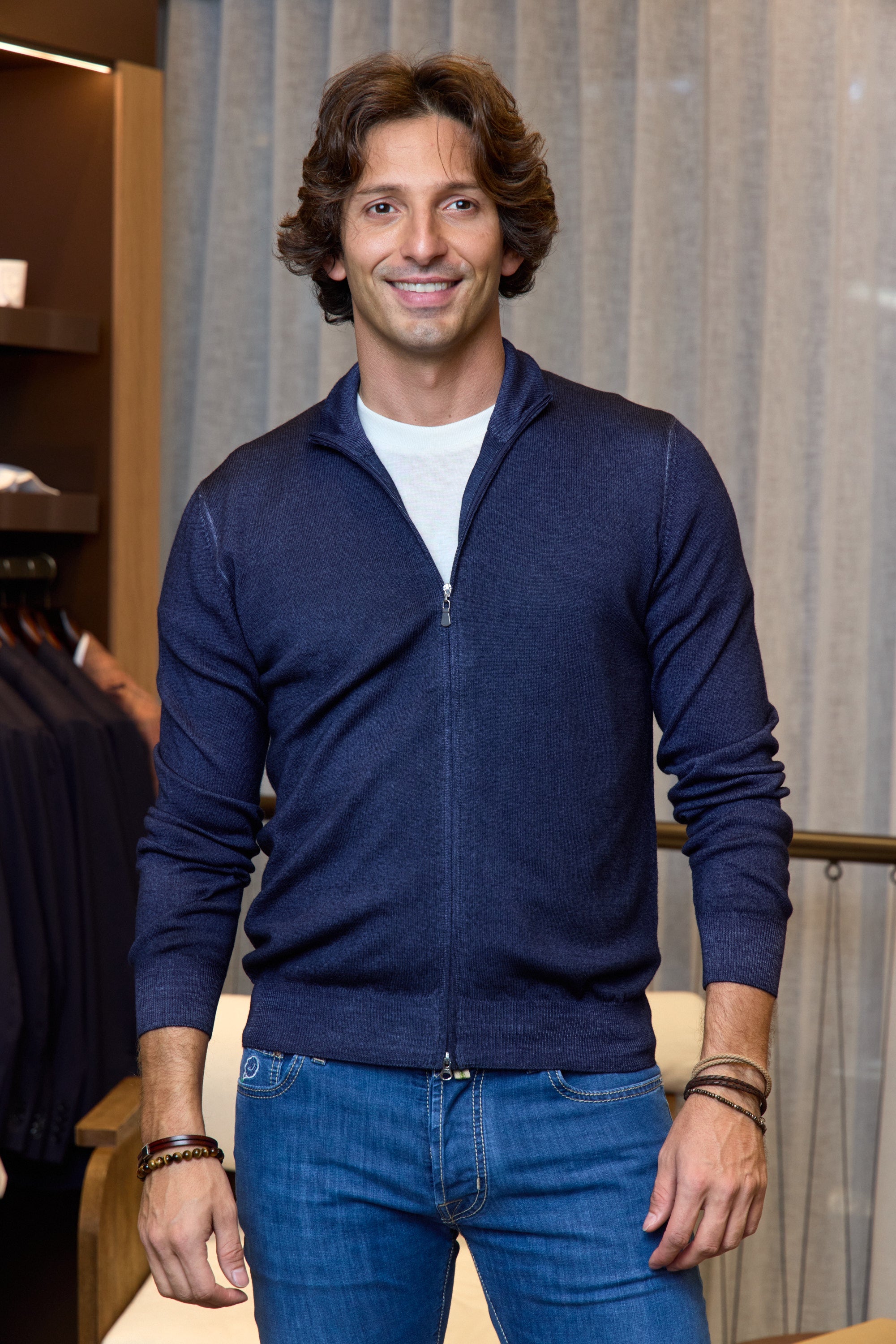 MITCHELL OGILVIE | Virgin Wool Zip Front Knit | Washed Navy