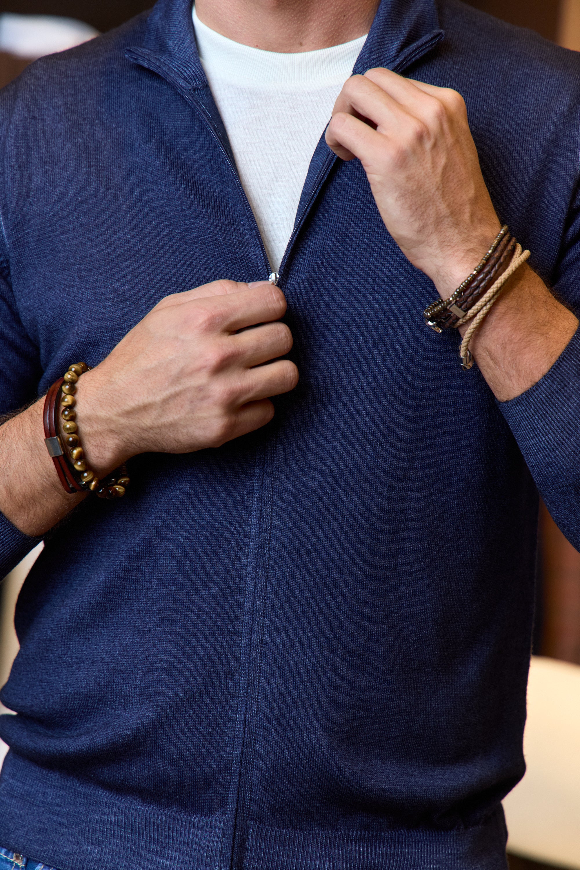MITCHELL OGILVIE | Virgin Wool Zip Front Knit | Washed Navy