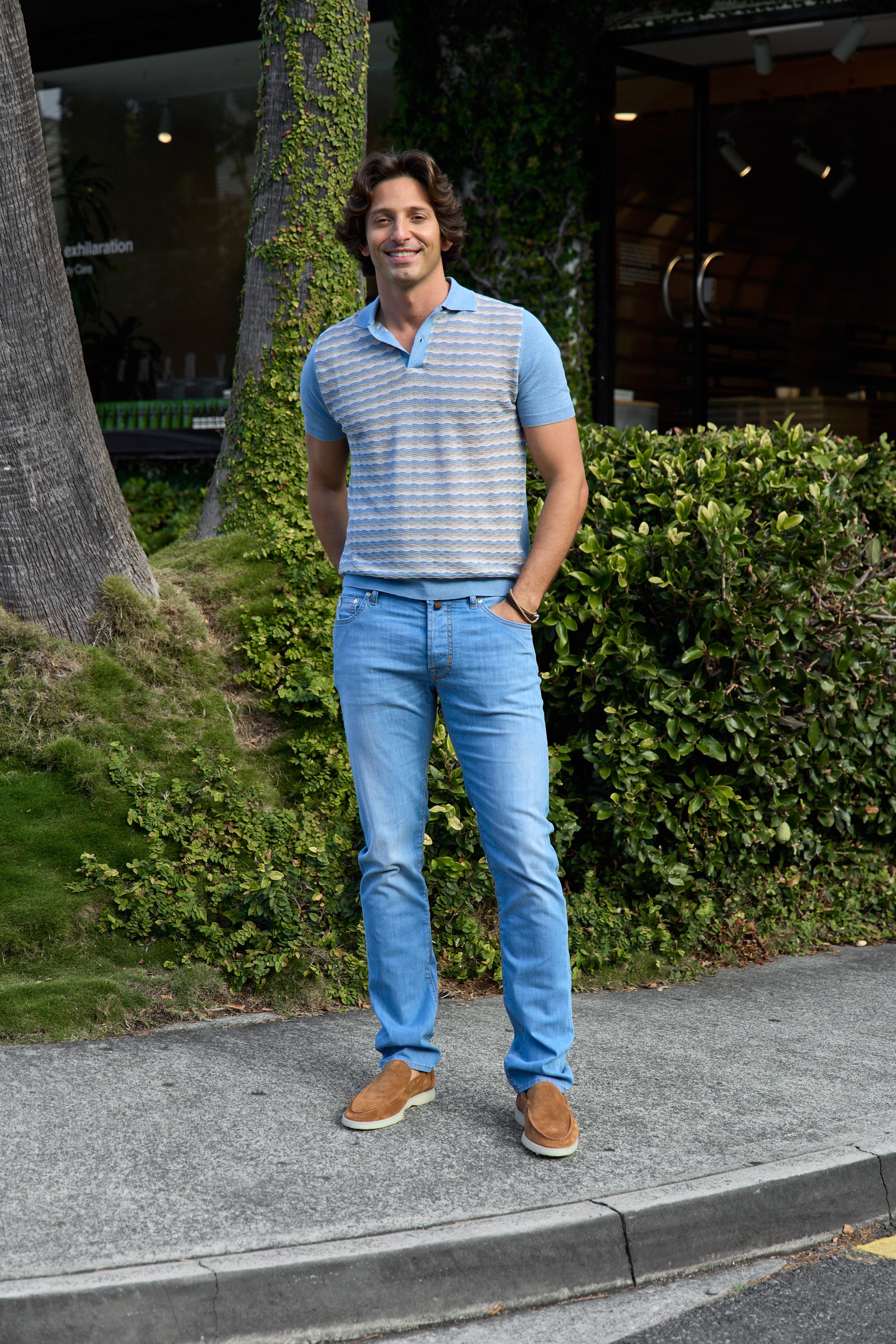 JACOB COHEN | Striped Leather Patch Jeans | Light Denim