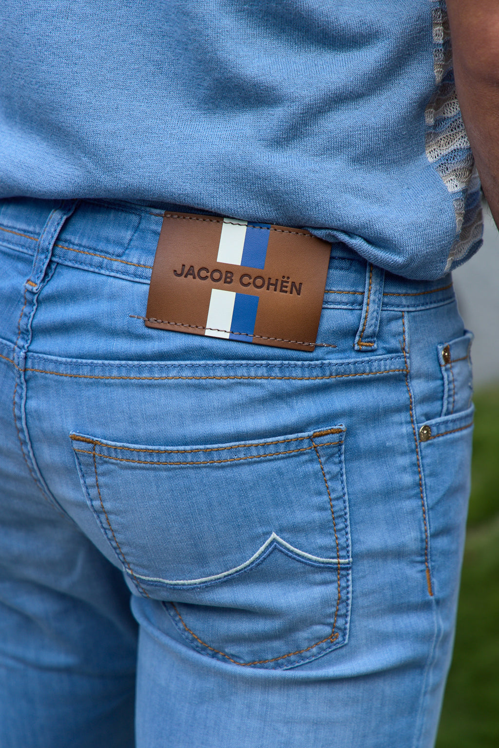 JACOB COHEN | Striped Leather Patch Jeans | Light Denim