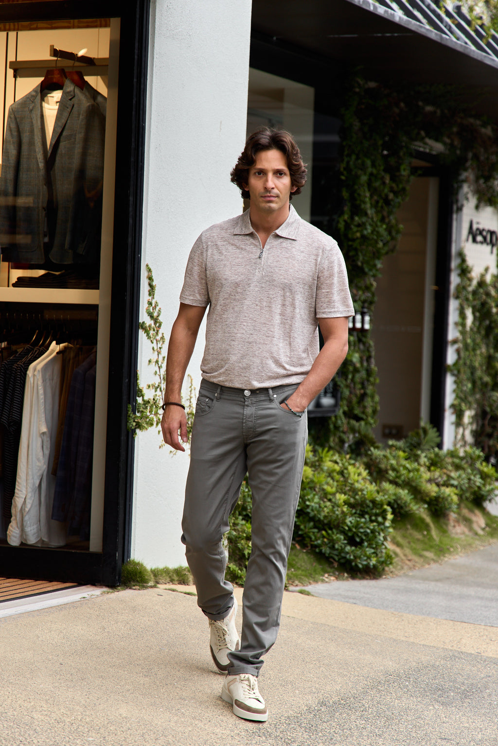 FEDELI | Zip Neck Polo | Light Brown