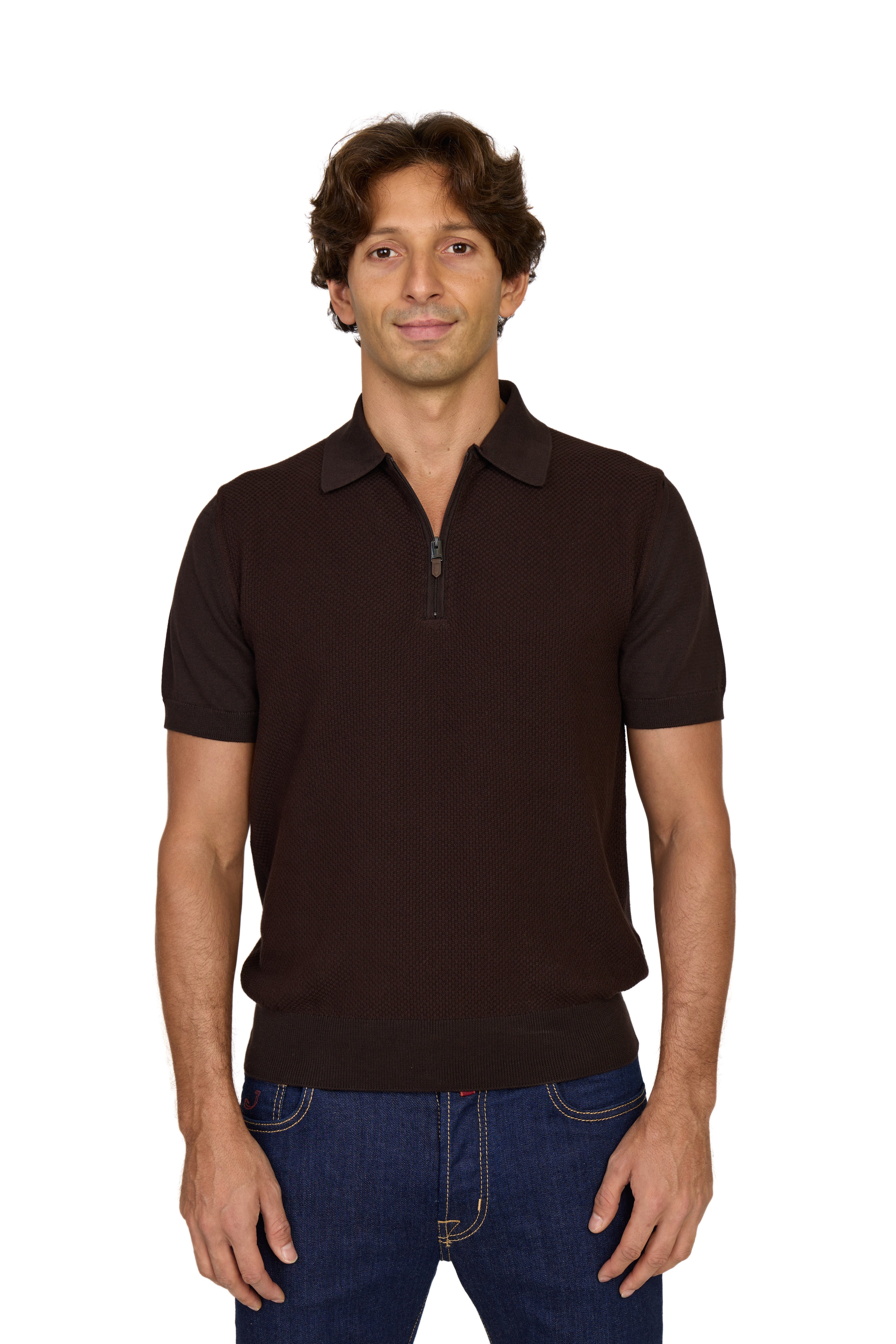 CANALI | Zip Polo Patterned Front | Dark Brown
