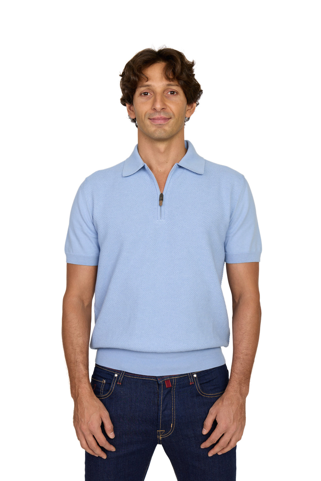 CANALI | Zip Polo Patterned Front | Cornflower