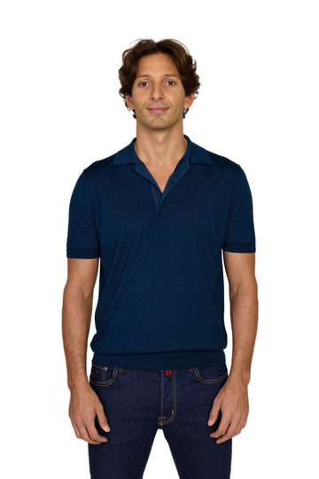 CANALI | Wool-Silk Knitted Polo | Dark Blue