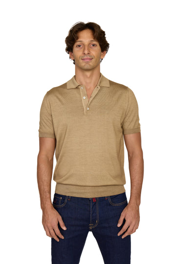 CANALI | Wool-Silk Knitted Polo | Tan