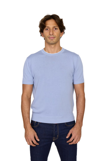 CANALI | Knit Tee With Collar Contrast | Cornflower