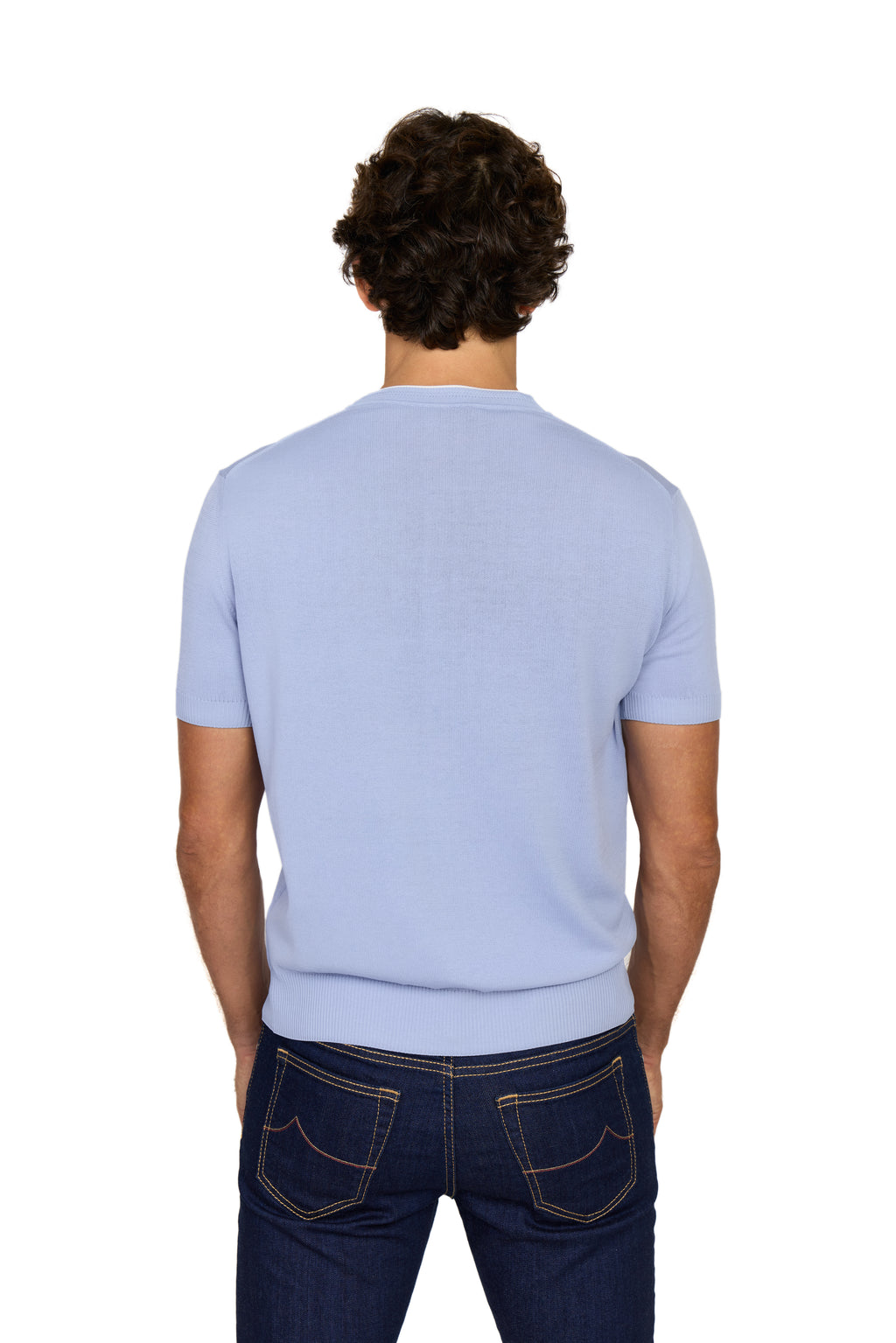 CANALI | Knit Tee With Collar Contrast | Cornflower