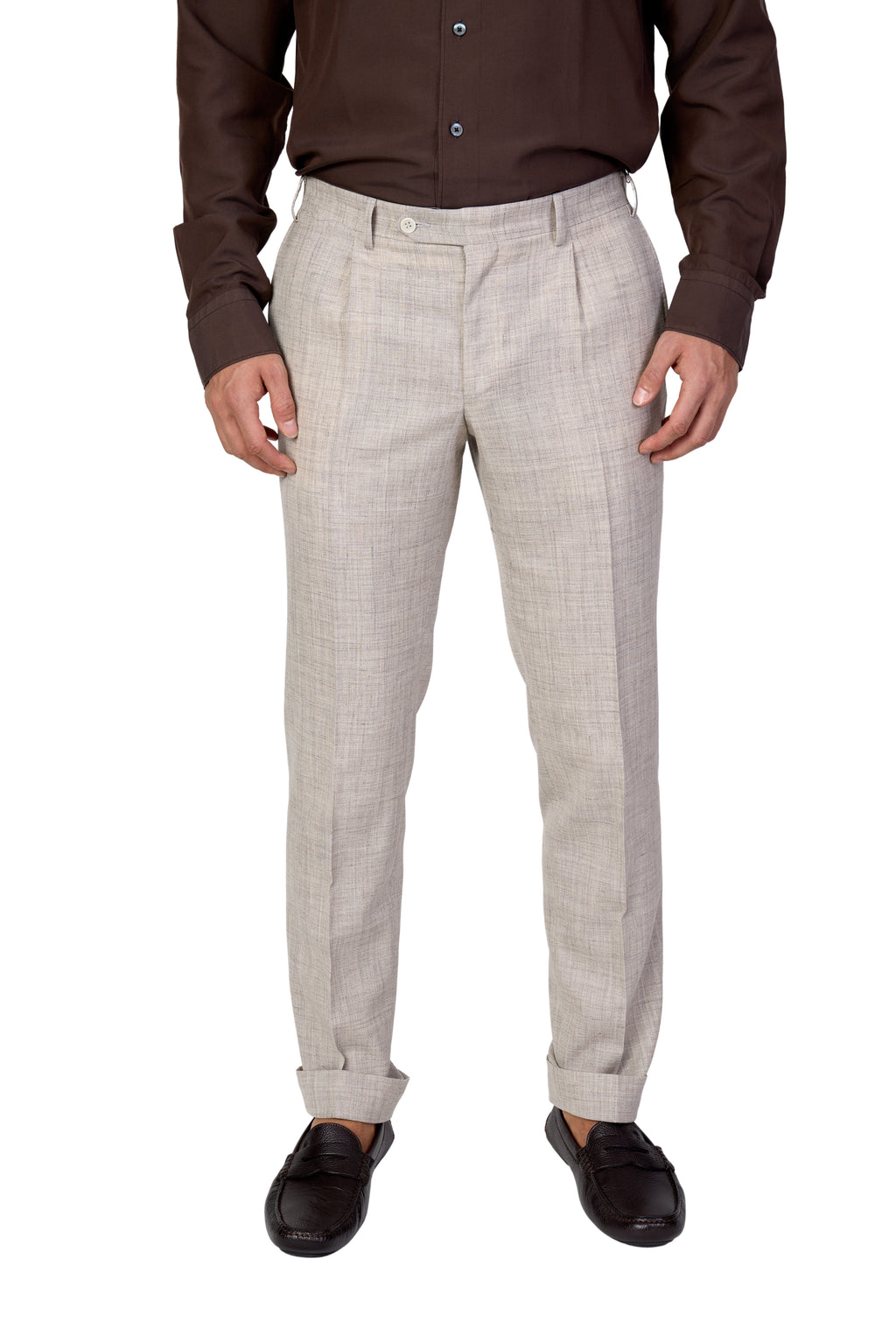 CANALI | 1 Pleat Wool, Silk & Linen Trousers | Sand