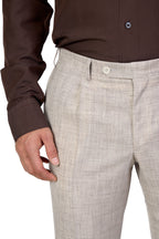 CANALI | 1 Pleat Wool, Silk & Linen Trousers | Sand