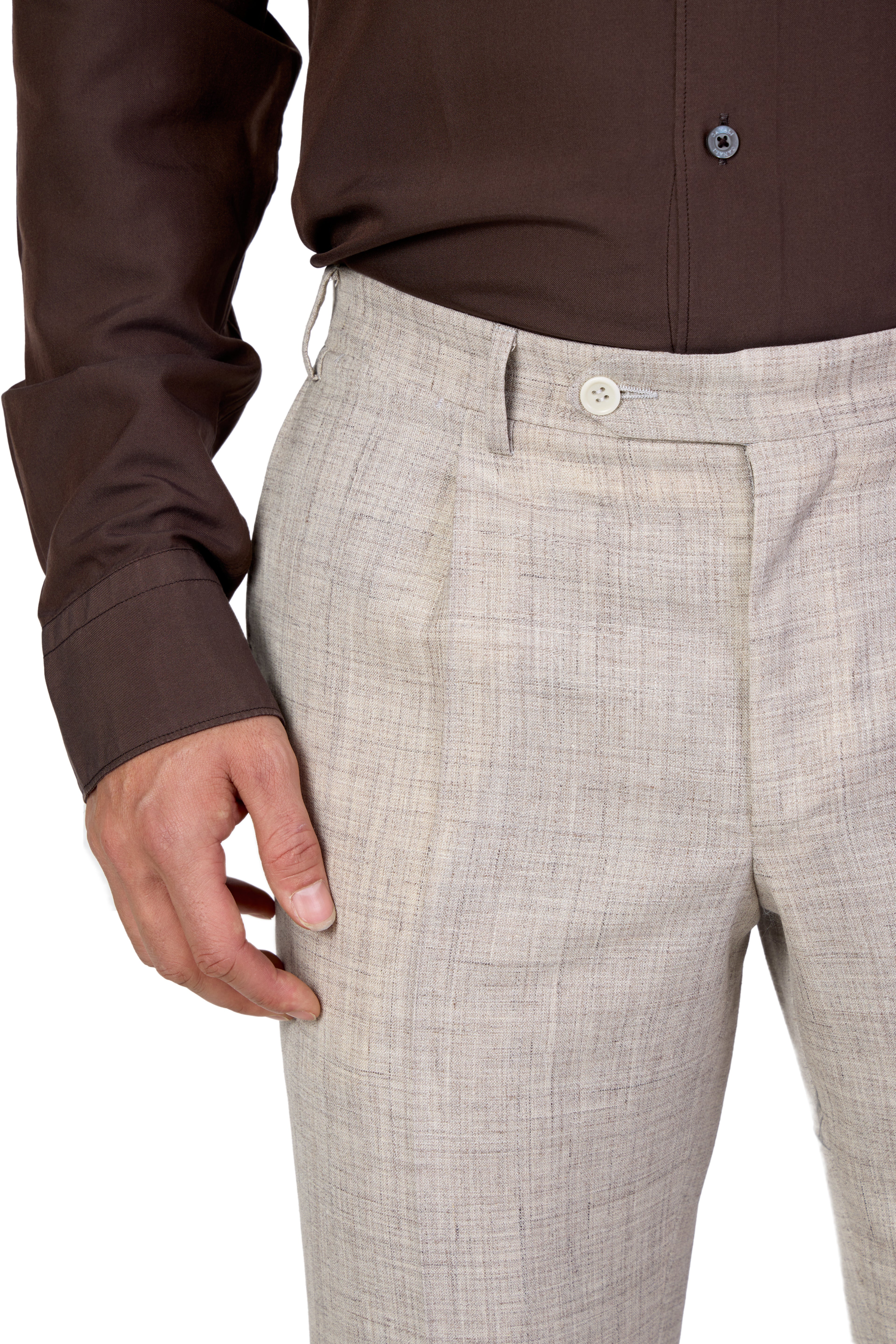 CANALI | 1 Pleat Wool, Silk & Linen Trousers | Sand