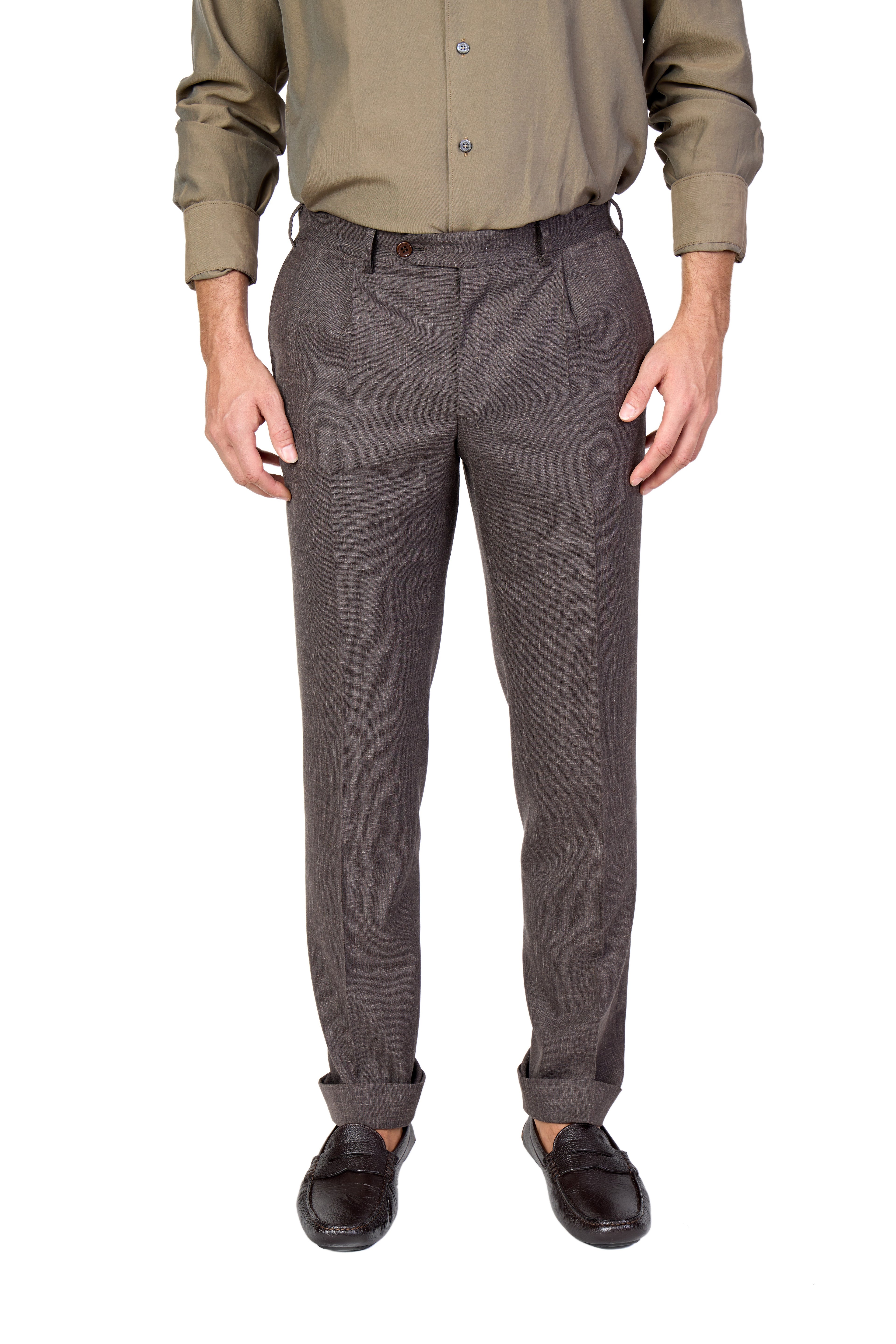 CANALI | 1 Pleat Wool, Silk & Linen Trousers | Dark Brown