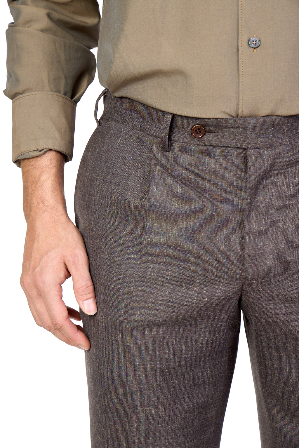 CANALI | 1 Pleat Wool, Silk & Linen Trousers | Dark Brown