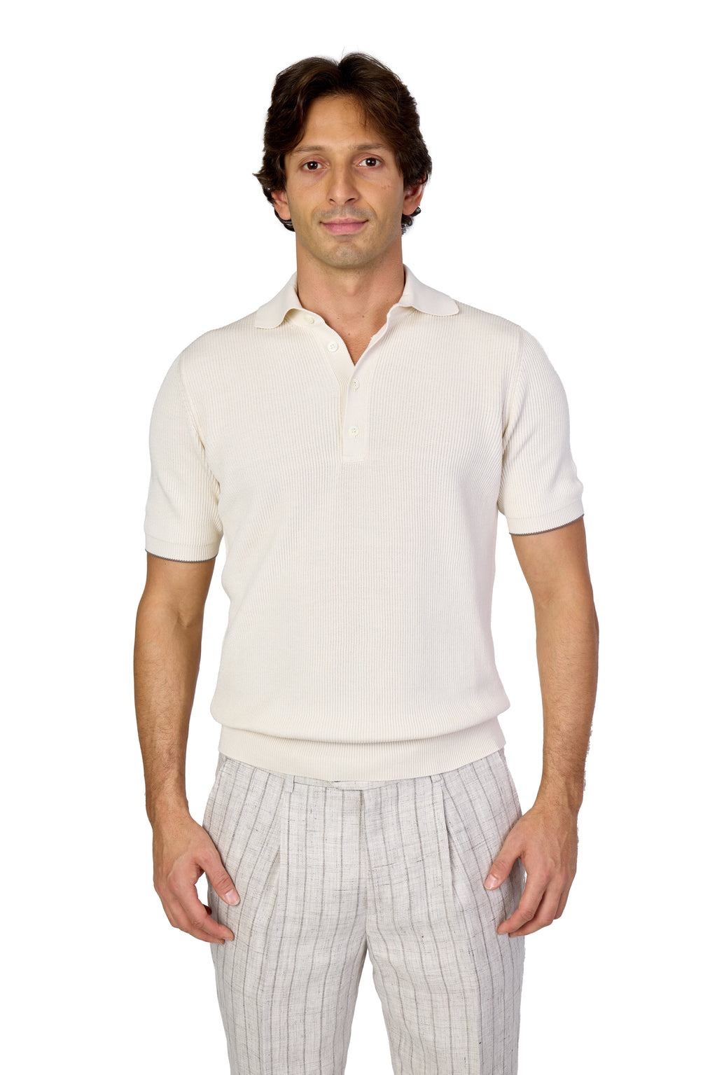 BRUNELLO CUCINELLI | Ribbed Knit Polo | Clotted Cream