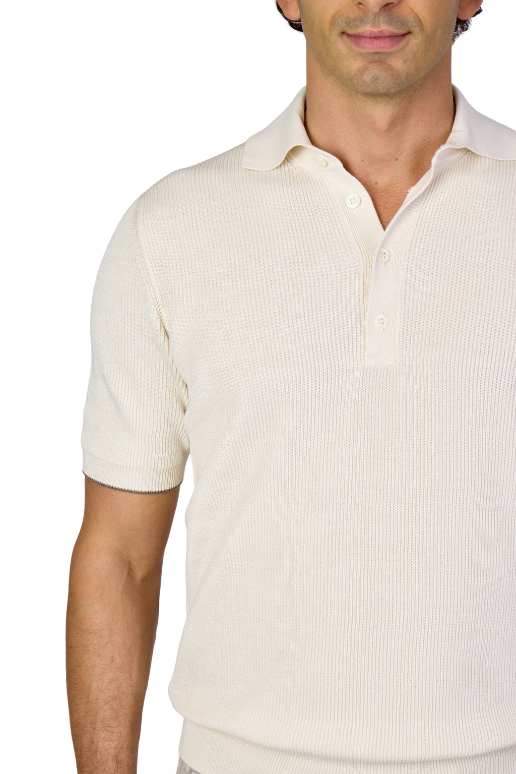 BRUNELLO CUCINELLI | Ribbed Knit Polo | Clotted Cream