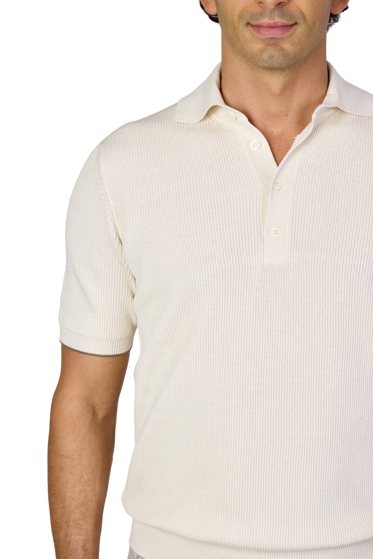 BRUNELLO CUCINELLI | Ribbed Knit Polo | Clotted Cream