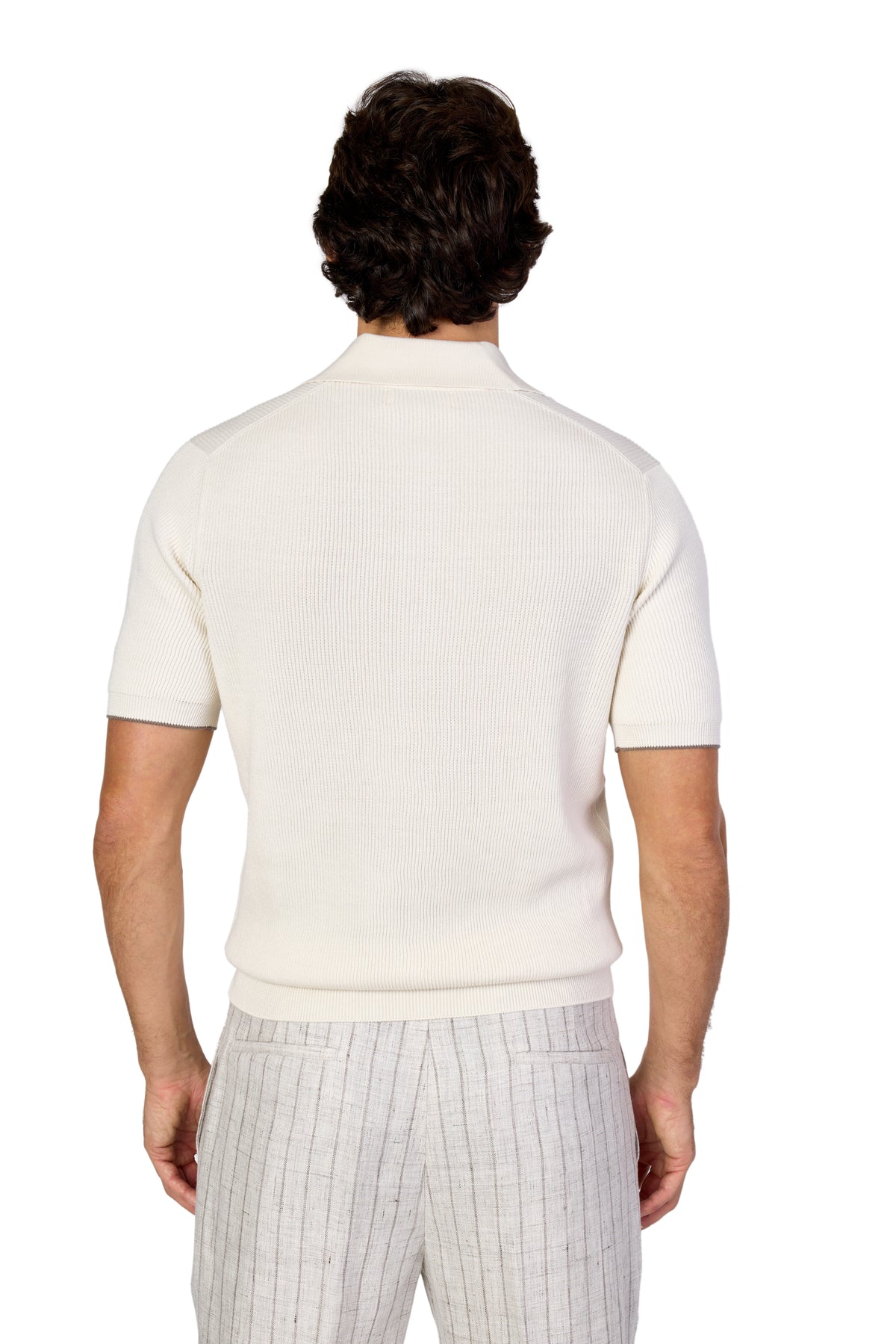 BRUNELLO CUCINELLI | Ribbed Knit Polo | Clotted Cream