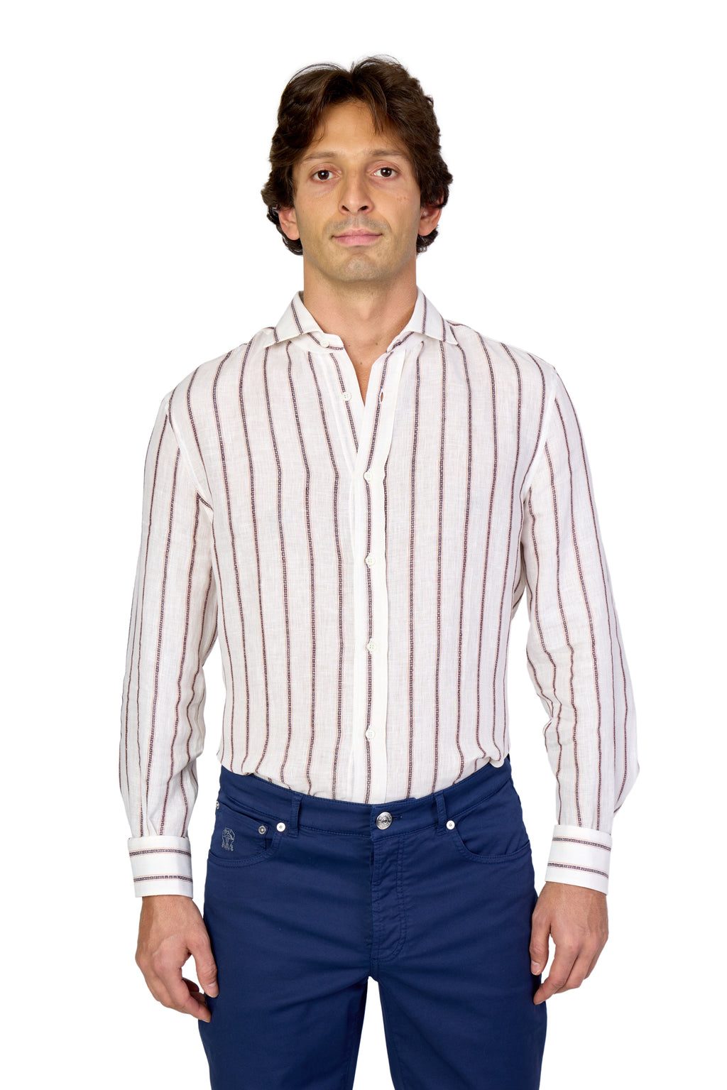 BRUNELLO CUCINELLI | Linen Two-Tone Striped Shirt | Burgundy & Orange