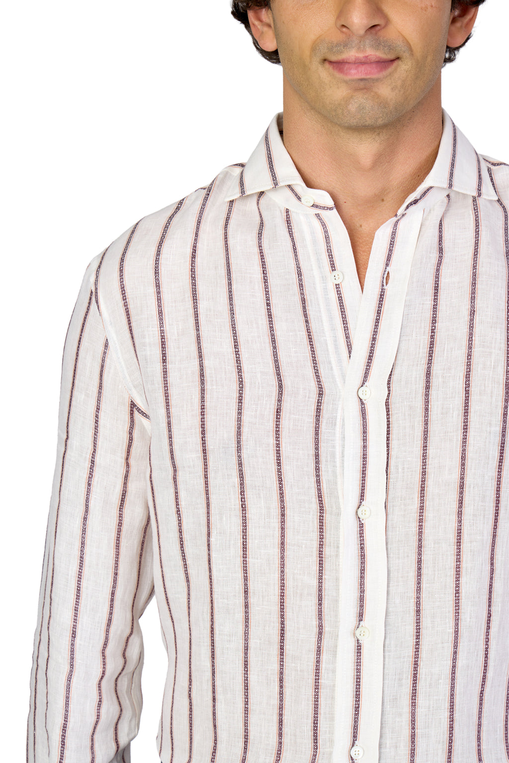 BRUNELLO CUCINELLI | Linen Two-Tone Striped Shirt | Burgundy & Orange
