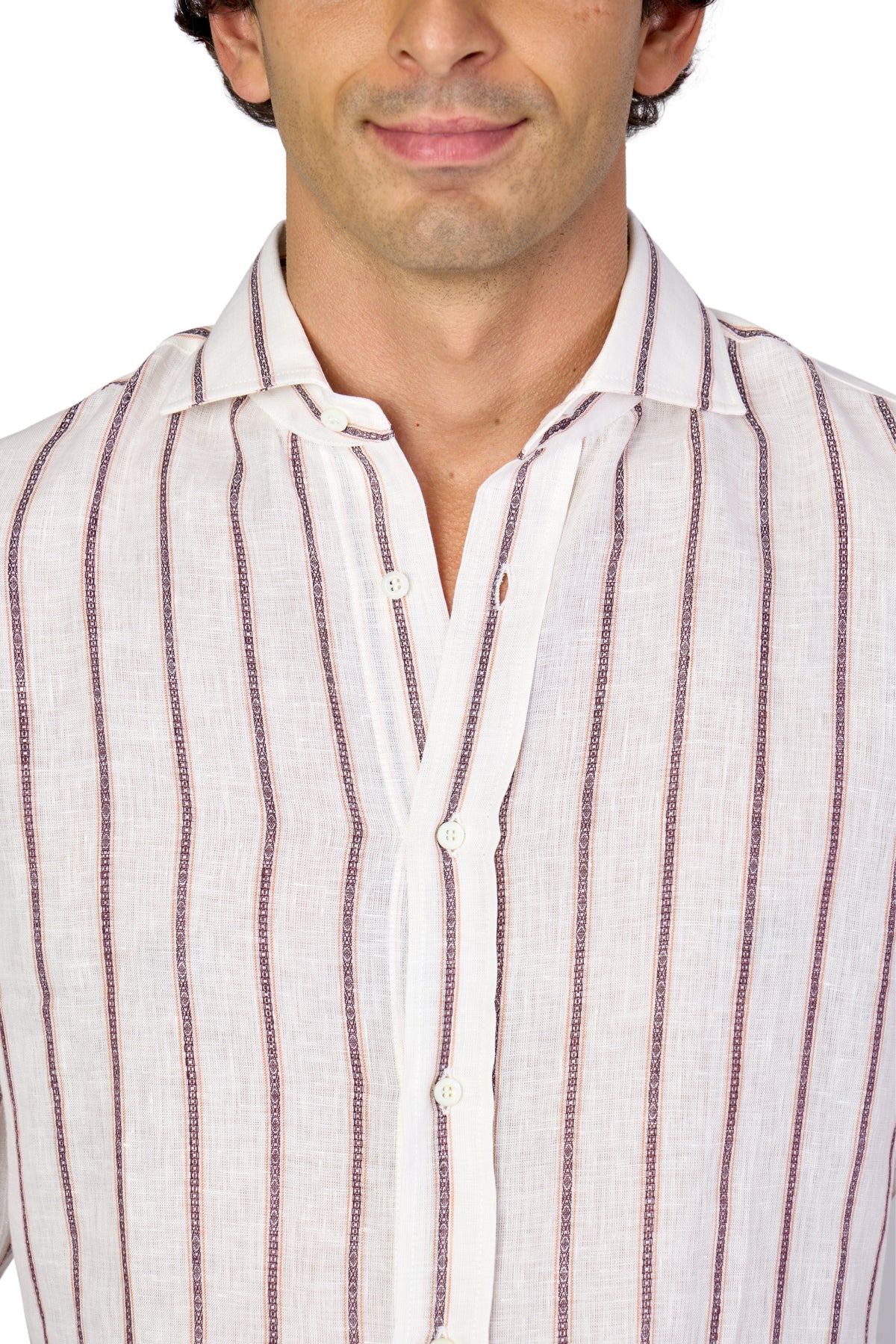 BRUNELLO CUCINELLI | Linen Two-Tone Striped Shirt | Burgundy & Orange