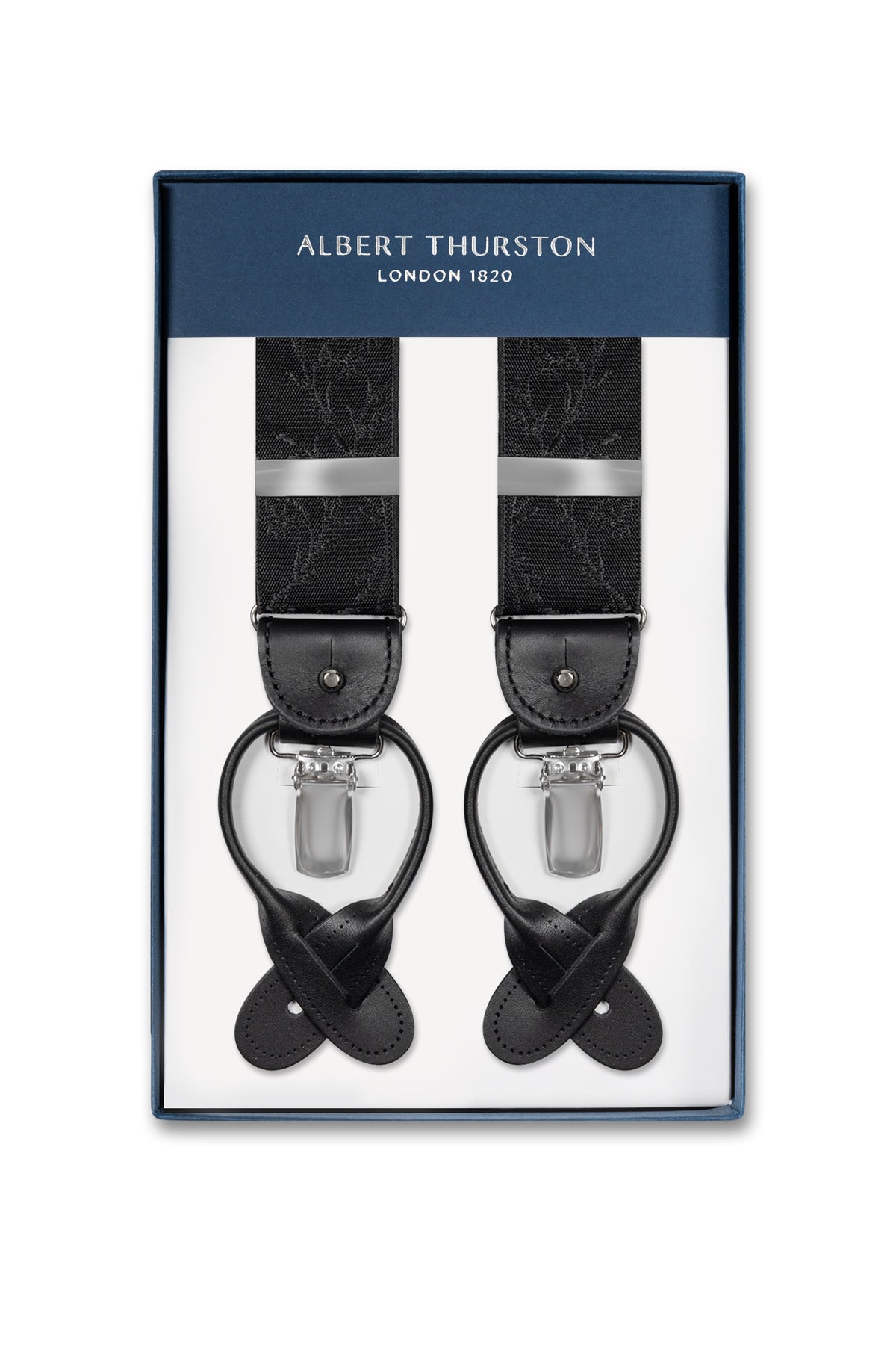 Albert Thurston Trouser Braces - Black Moiré with Black Leather and Braid Ends from Ties Planet UK Albert Thurston Trouser Braces - Black Moiré with Black Leather and Braid Ends from Ties Planet UK