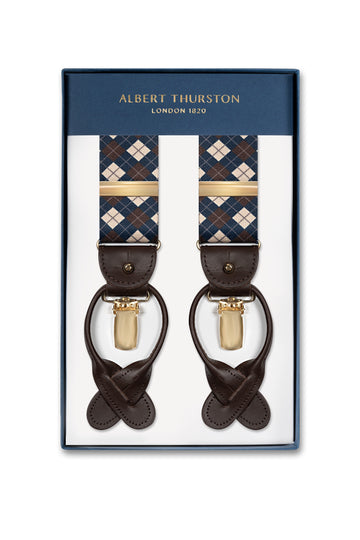 ALBERT THURSTON Brown & Navy Argyle 2-In-1 Braces