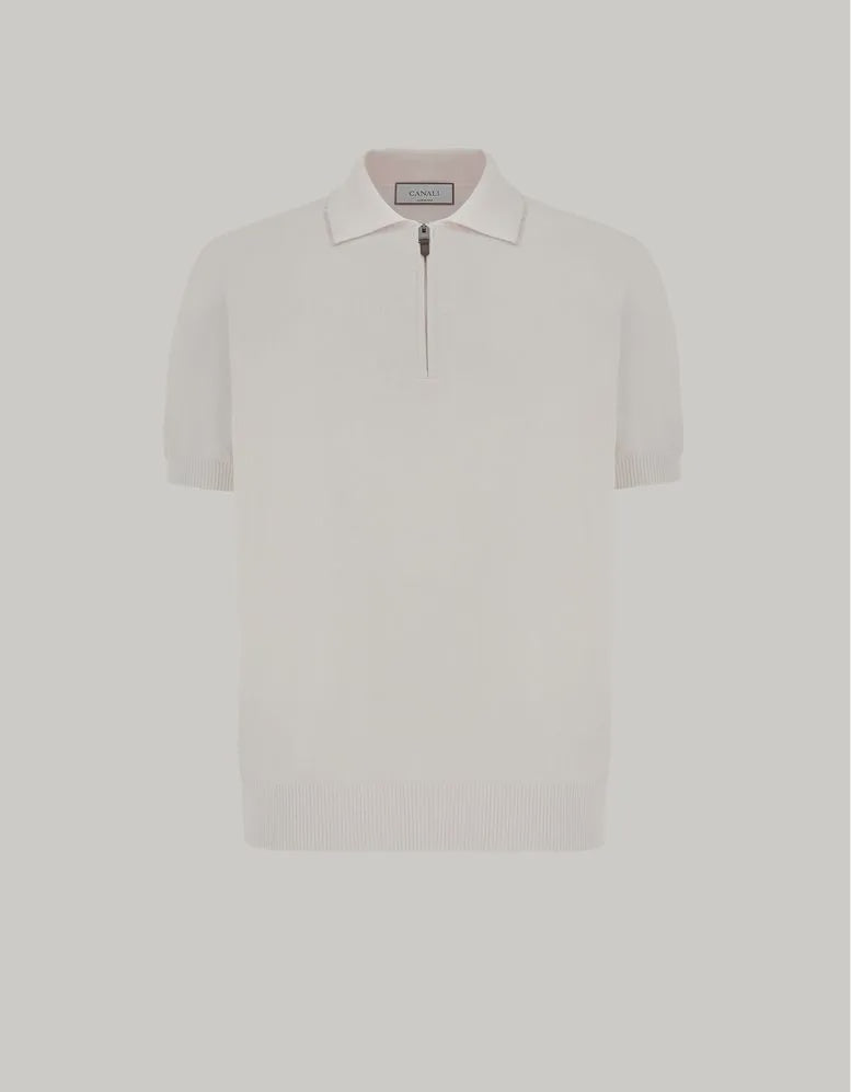 CAN S/S KNIT COTTON ZIP-NECK COLLAR CONTRAST WHITE