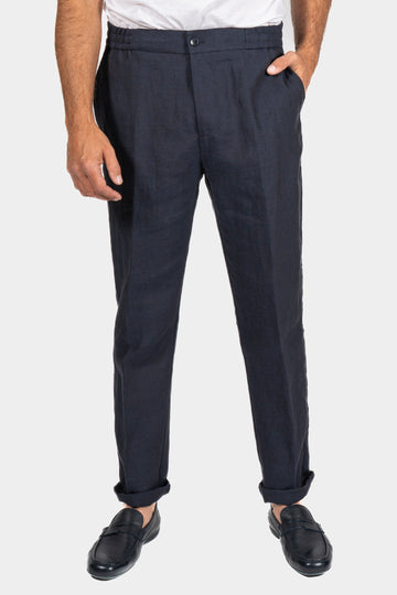 ETRO Navy Elasticated Linen Trousers