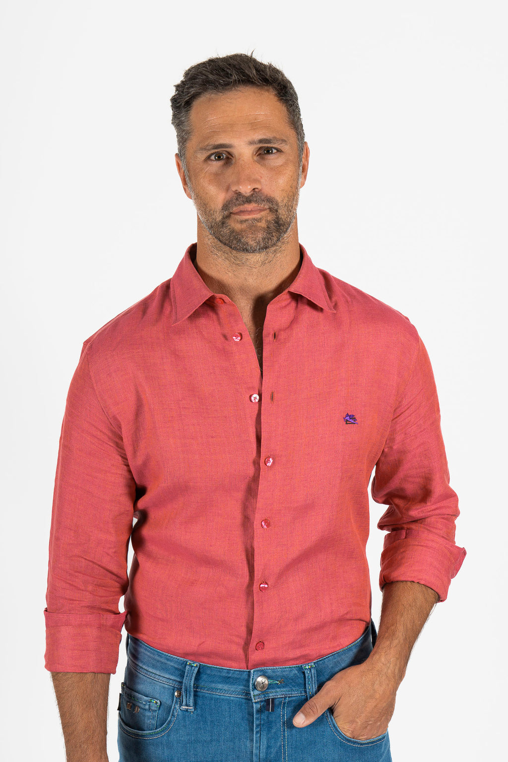 ETRO | Linen Shirt With Pegasus Logo | Red & Purple