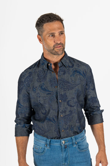 ETRO Blue Black Floral Chambray Shirt