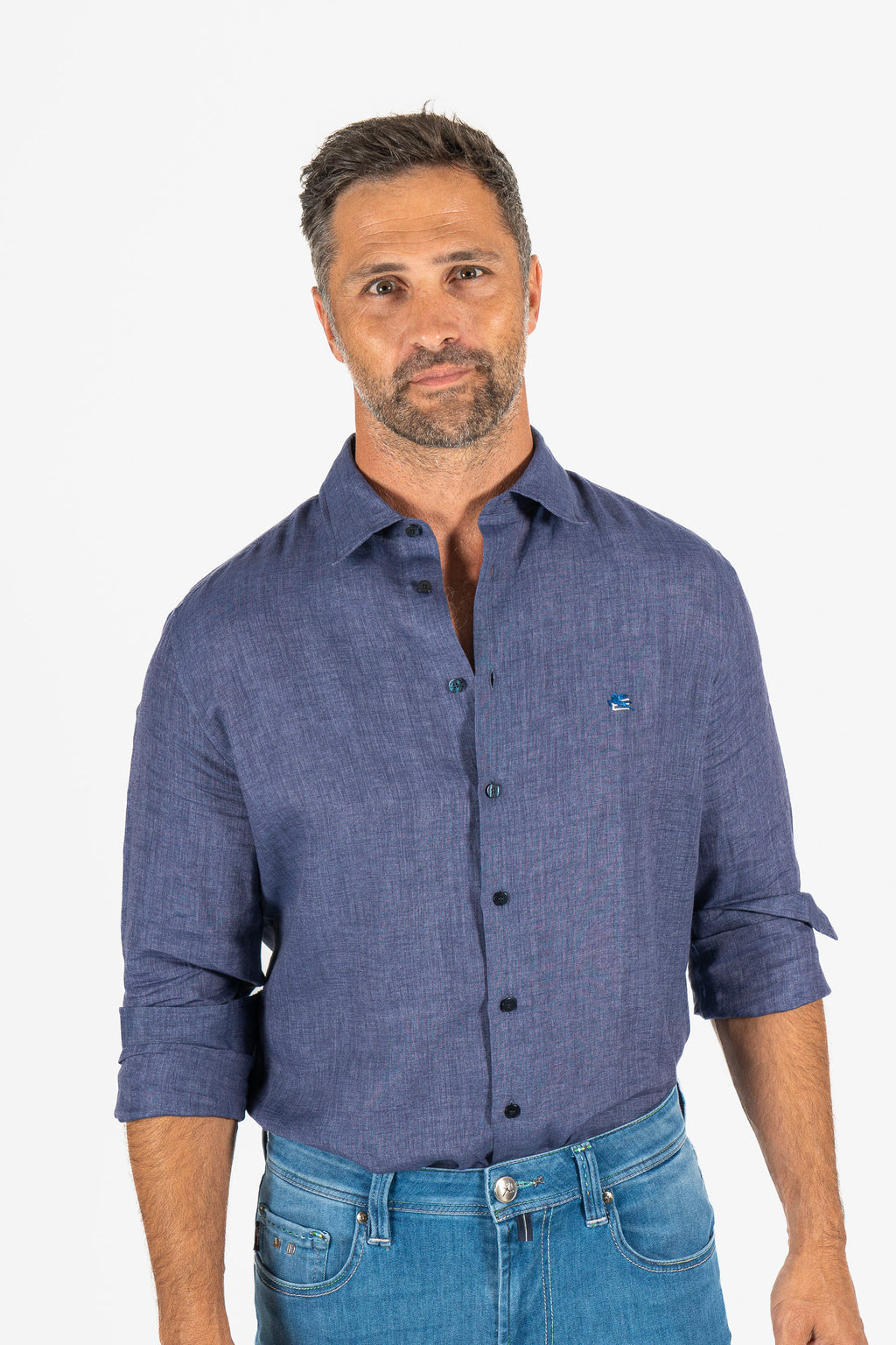 ETRO | Linen Shirt With Pegasus Logo | Dark Blue