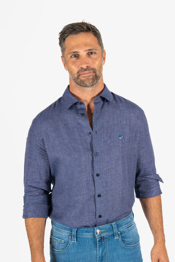 ETRO Dark Blue Linen Shirt With Pegasus Logo