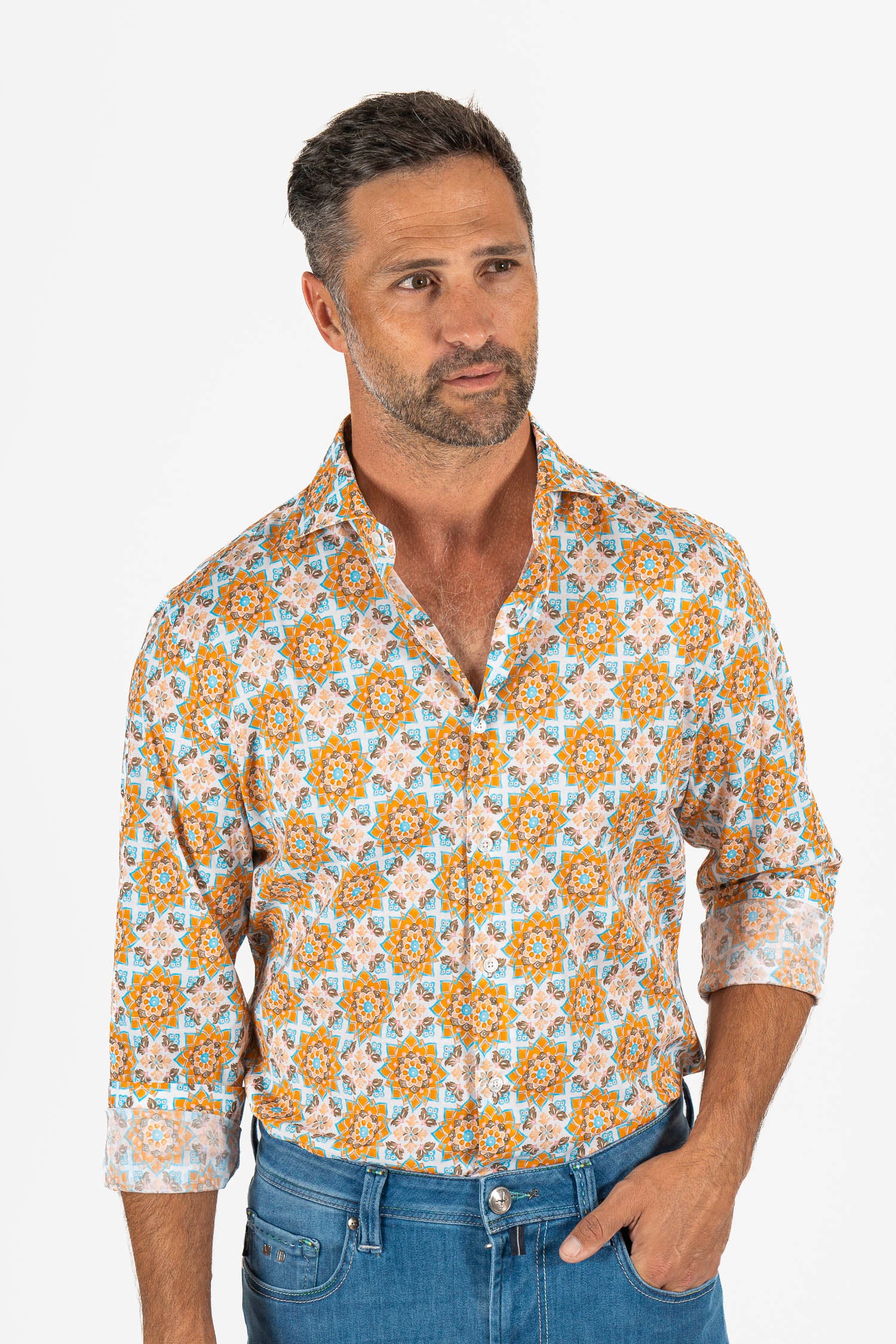 FEDELI | Geometrical Floral Shirt | Orange