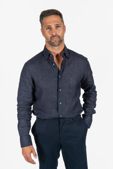 BRIONI Navy Fitted Linen Shirt