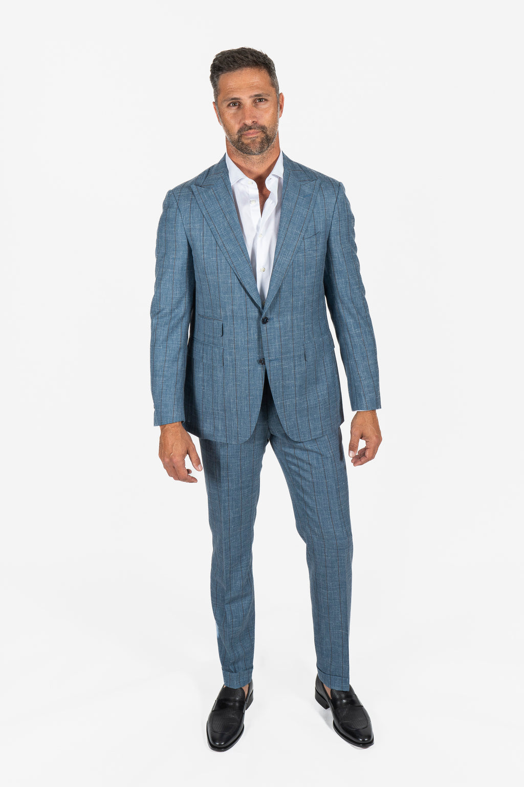 CANALI | Capri Wool-Silk-Linen Pinstripe Suit | Dusty Blue