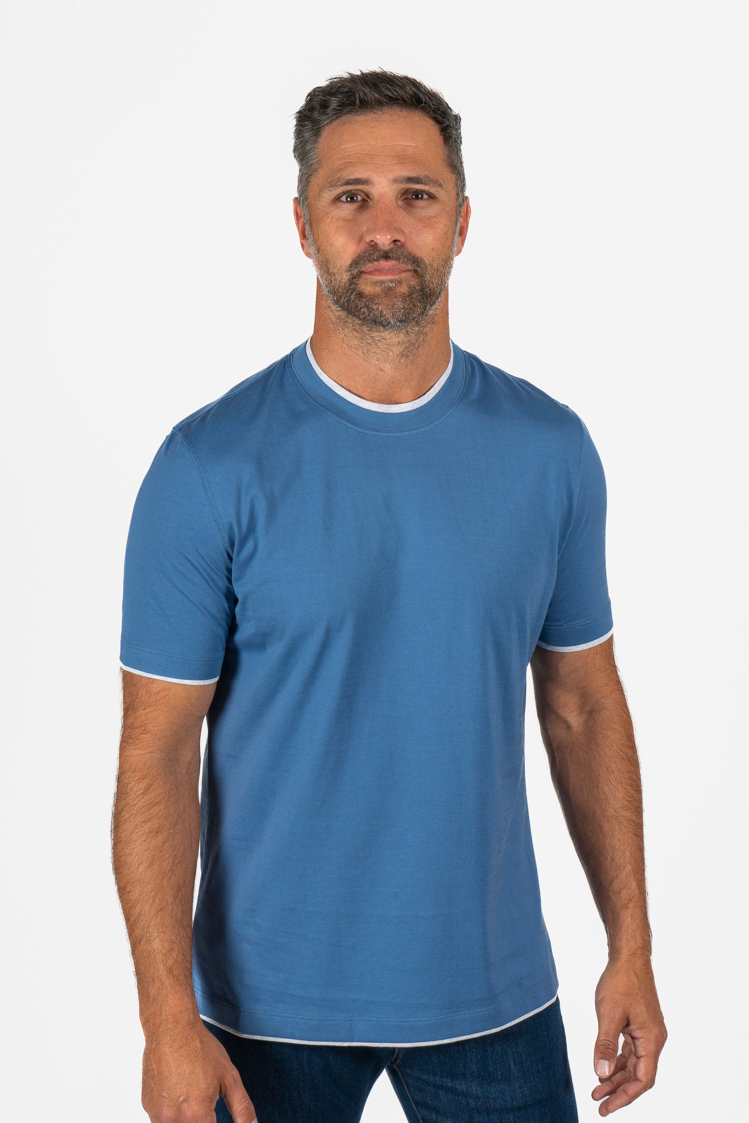 BRUNELLO CUCINELLI Blue T-Shirt With Grey Trims — Mitchell