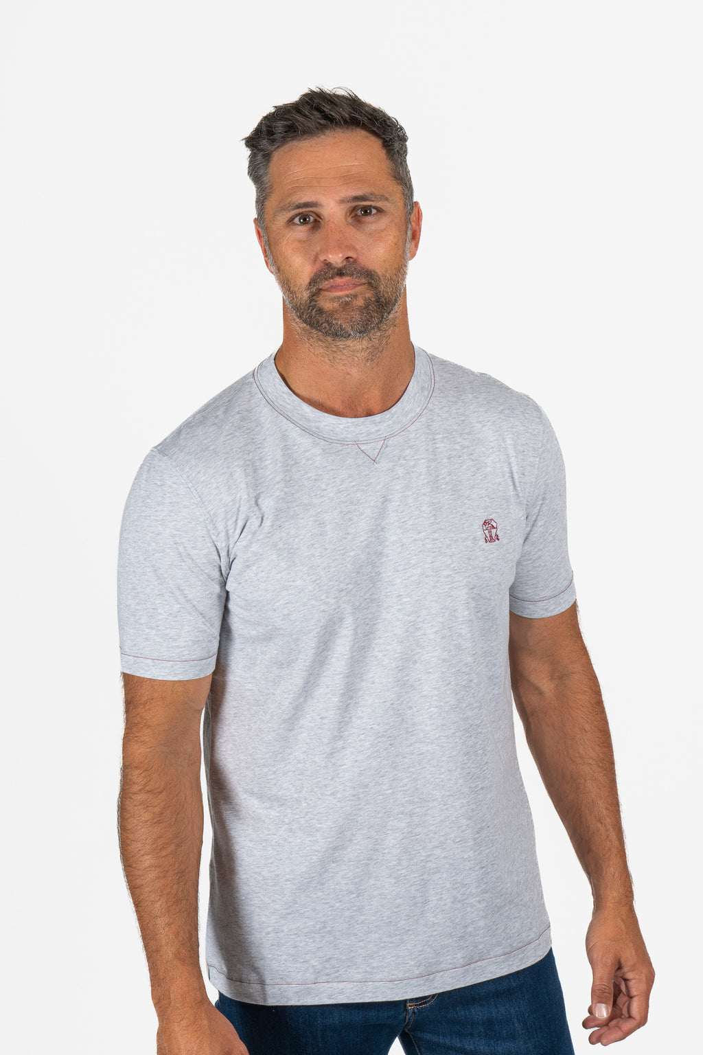 BRUNELLO CUCINELLI | T-Shirt With Red Logo | Light Grey