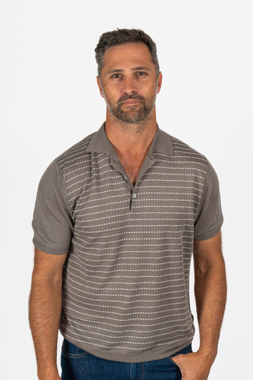 CANALI Brown Linen Striped Knit Polo