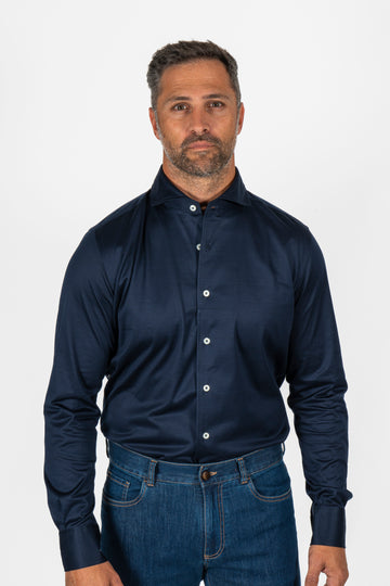 CANALI Navy Jersey Shirt Spread Collar