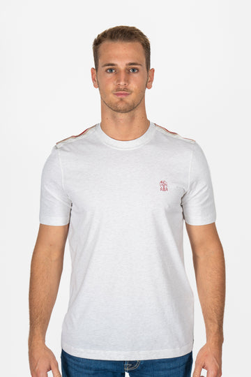 BRUNELLO CUCINELLI Beige Marle T-Shirt With Stripes On Shoulders