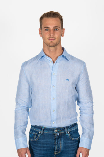 ETRO Pale Blue Linen Shirt With Logo