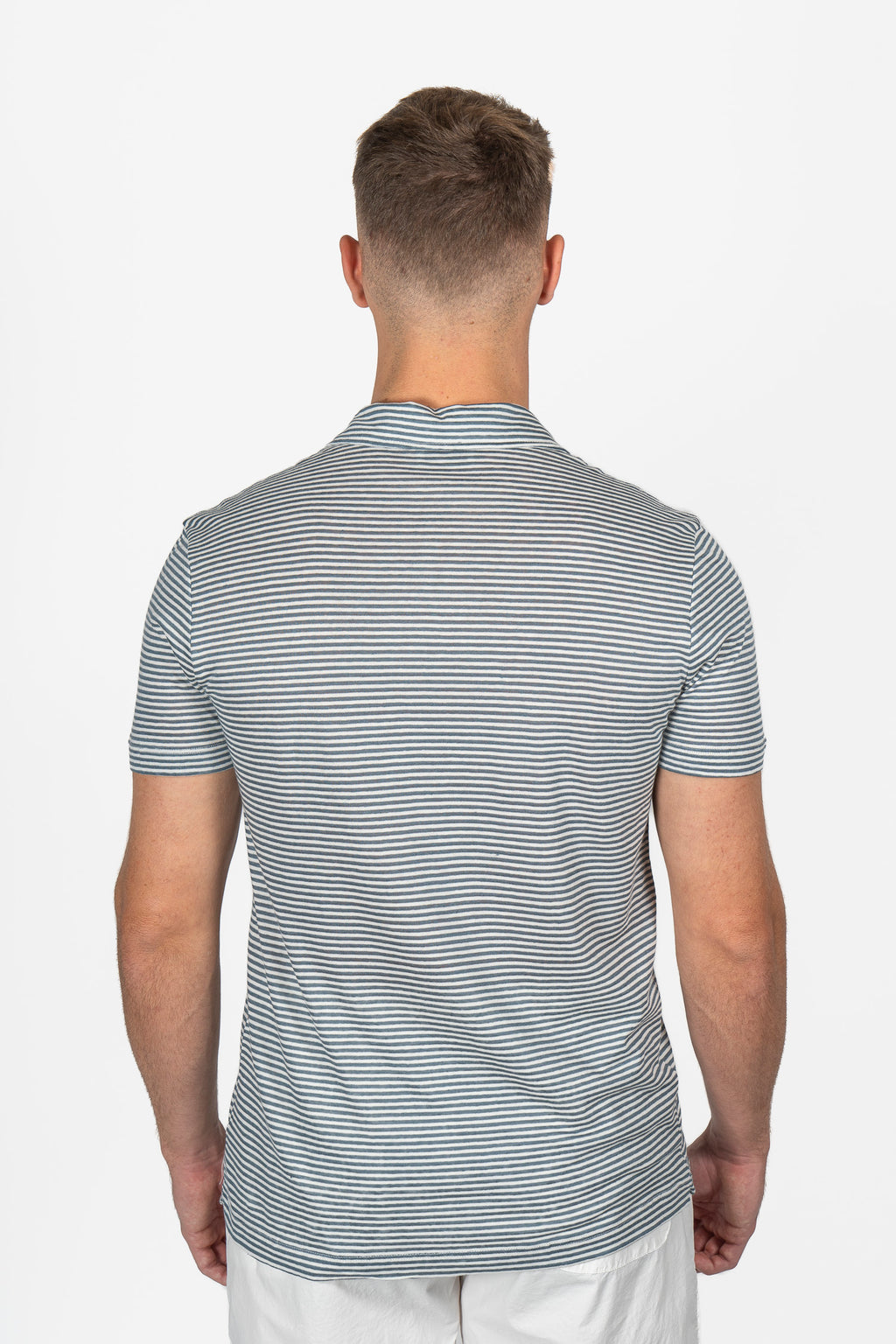 ALTEA | Cotton & Linen Stripe Polo | Blue Steel