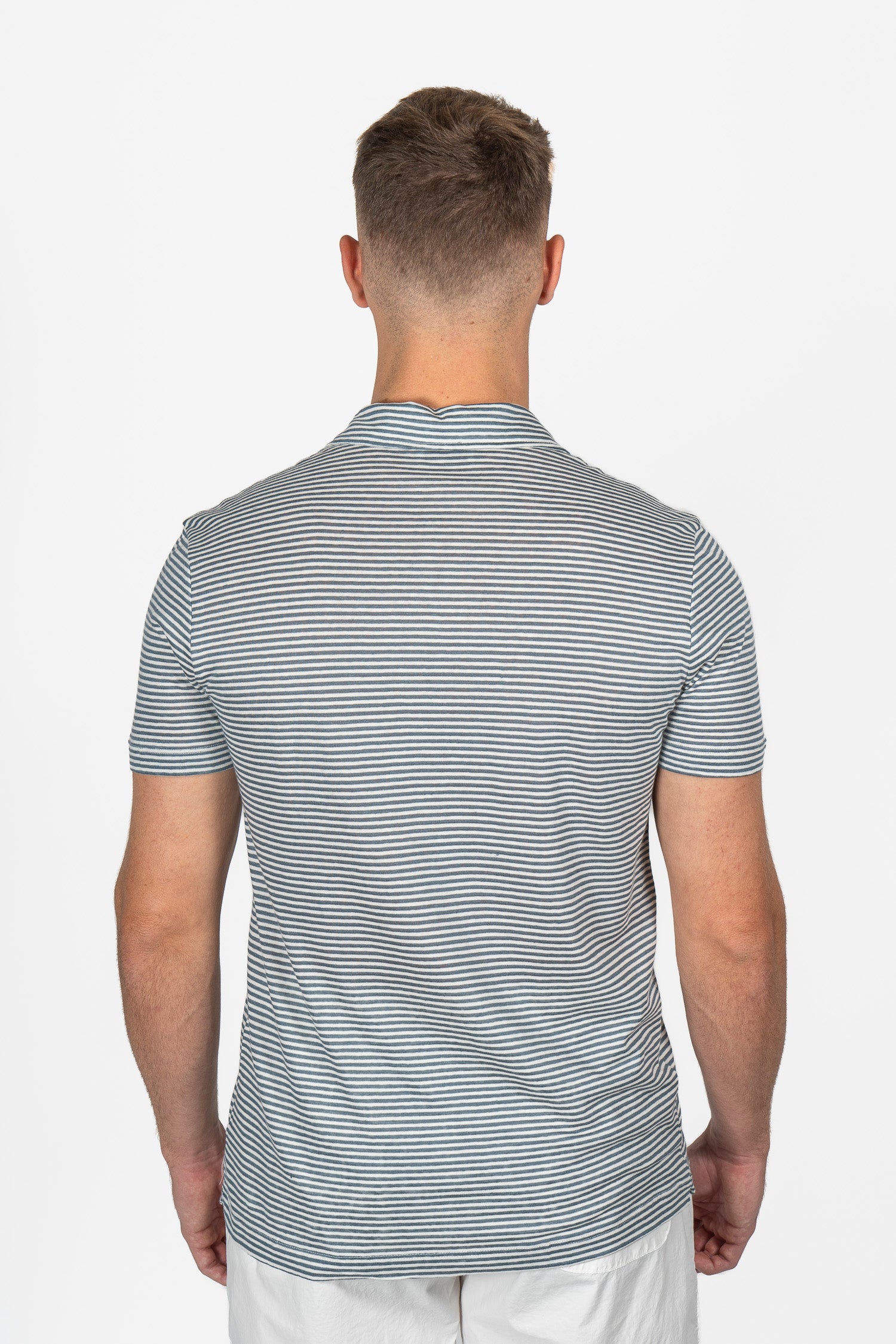 ALTEA | Cotton & Linen Stripe Polo | Blue Steel