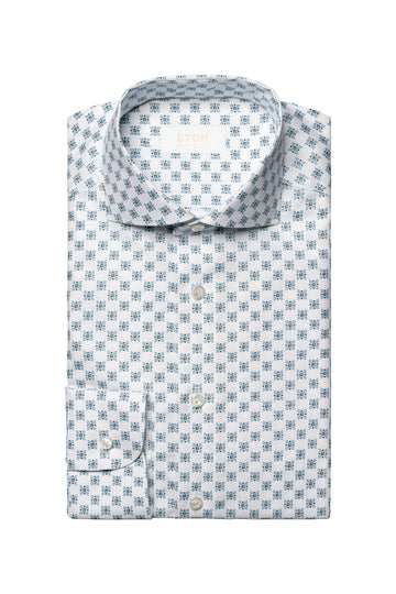 ETON Blue & White Cotton & Linen Patterned Shirt