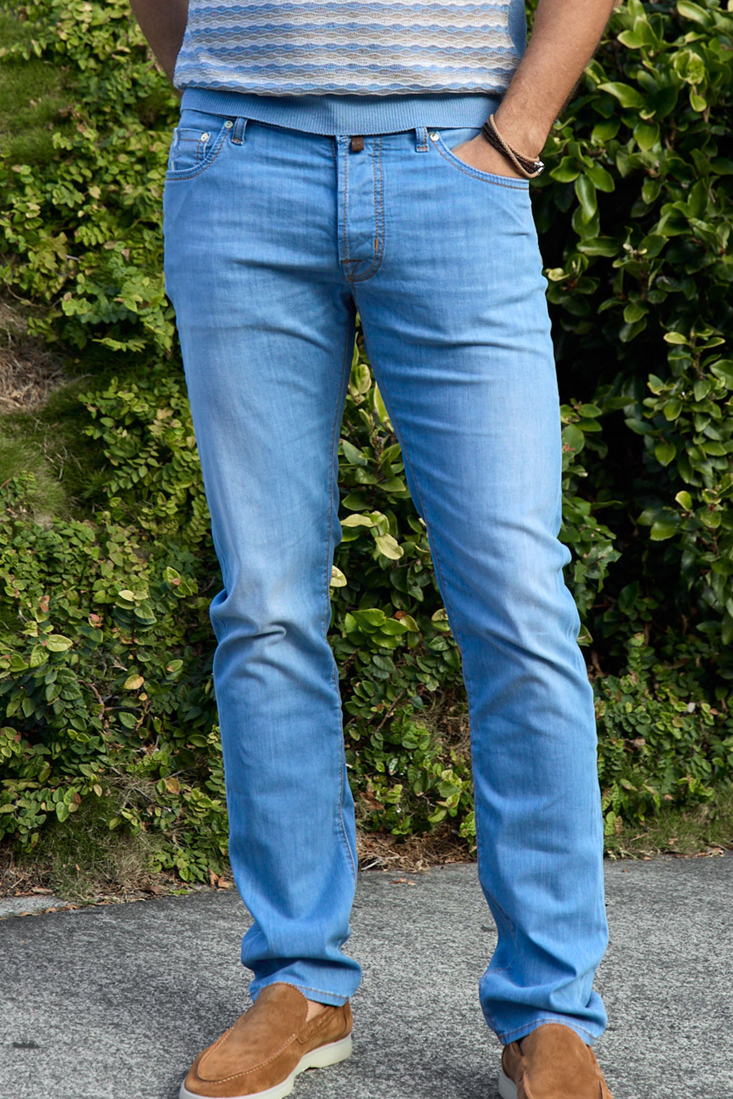 JACOB COHEN | Striped Leather Patch Jeans | Light Denim