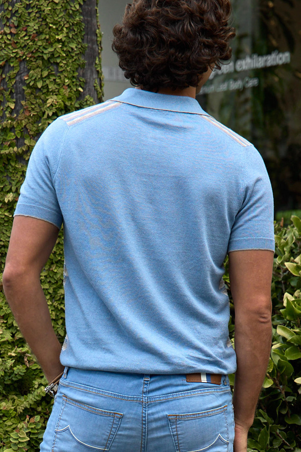 FEDELI | Jacquard Knit Polo | Blue & Beige