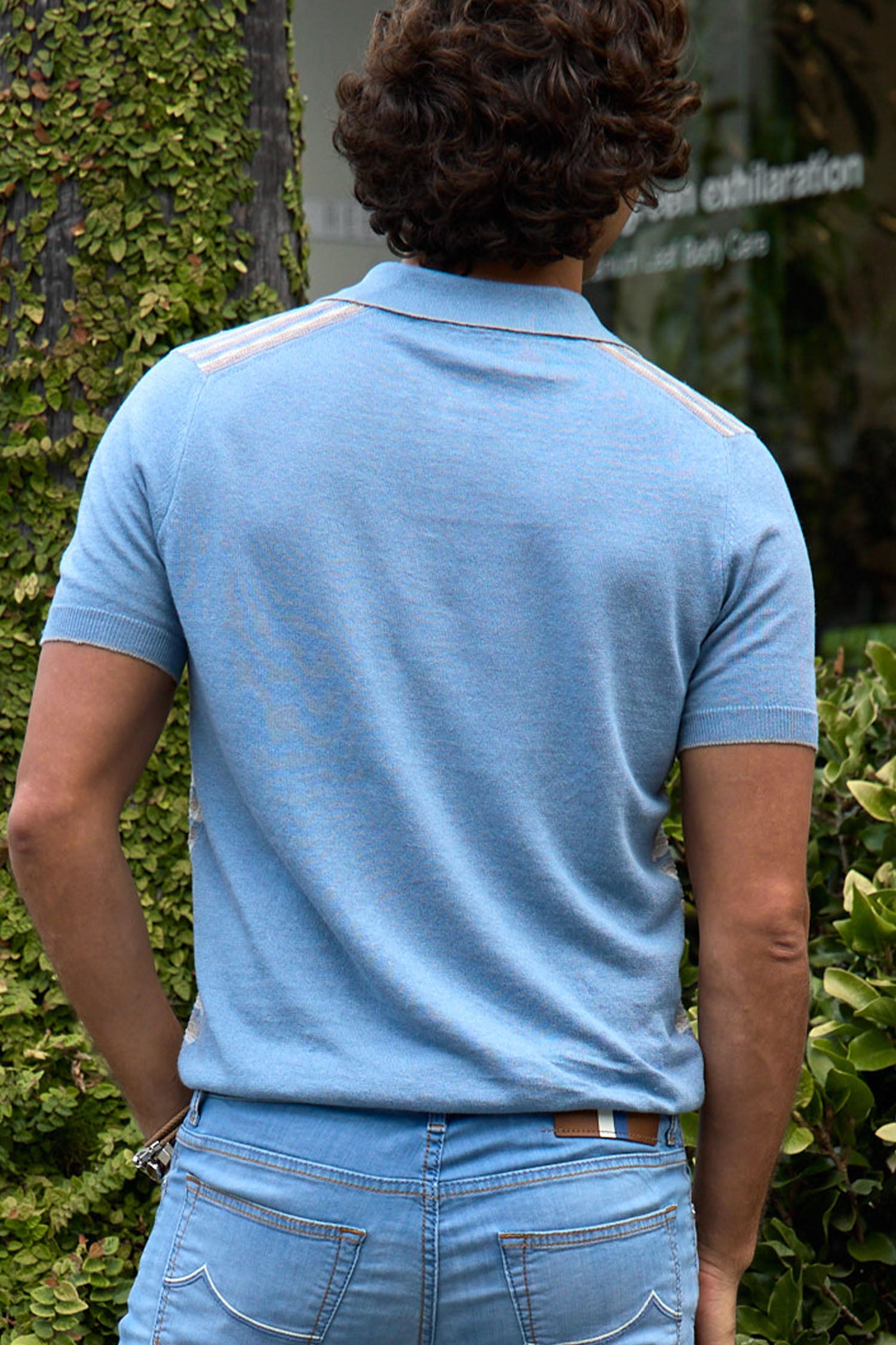 FEDELI | Jacquard Knit Polo | Blue & Beige