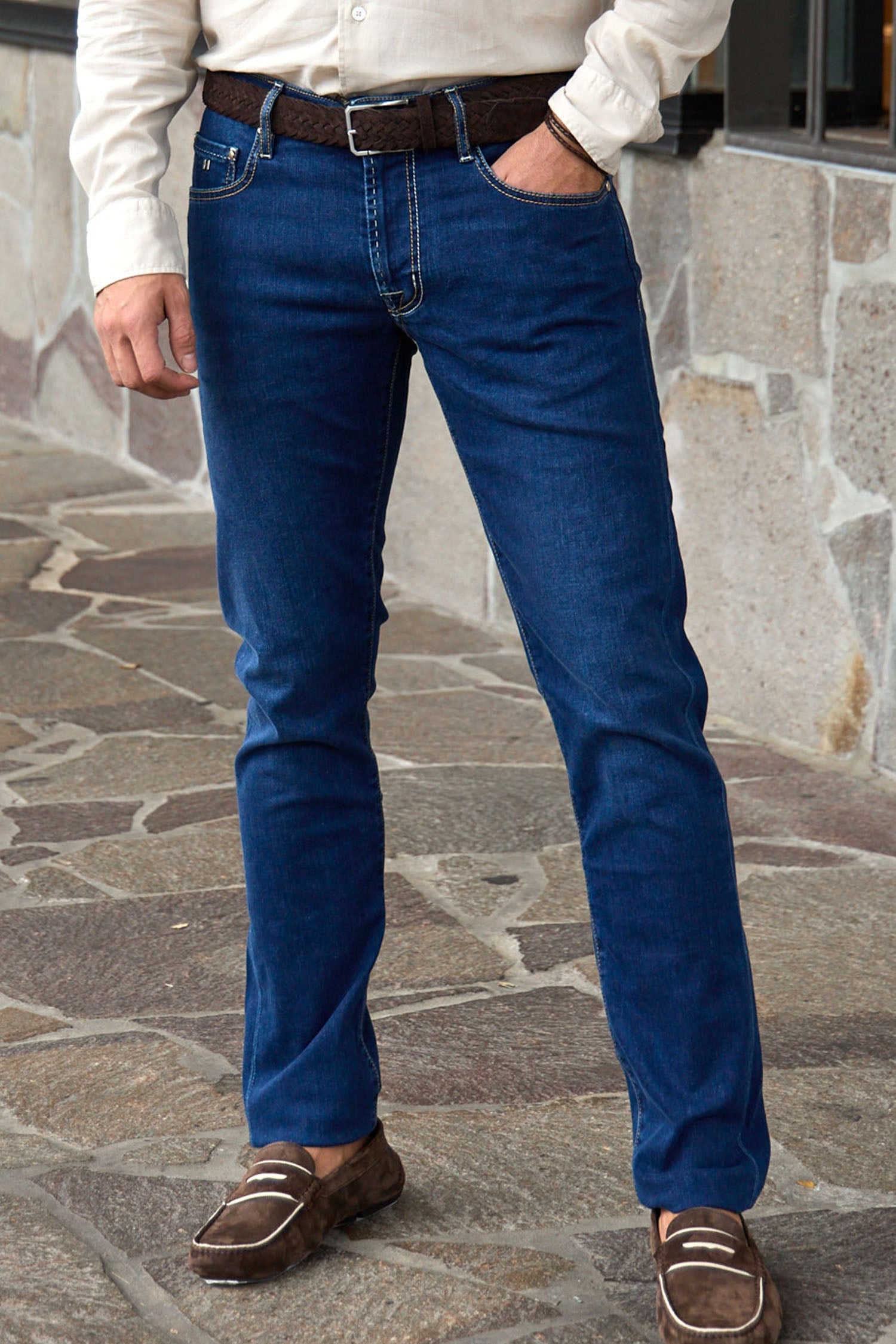 TRAMAROSSA | Michaelangelo Giza Jeans With Yellow Stitch | Mid-Blue